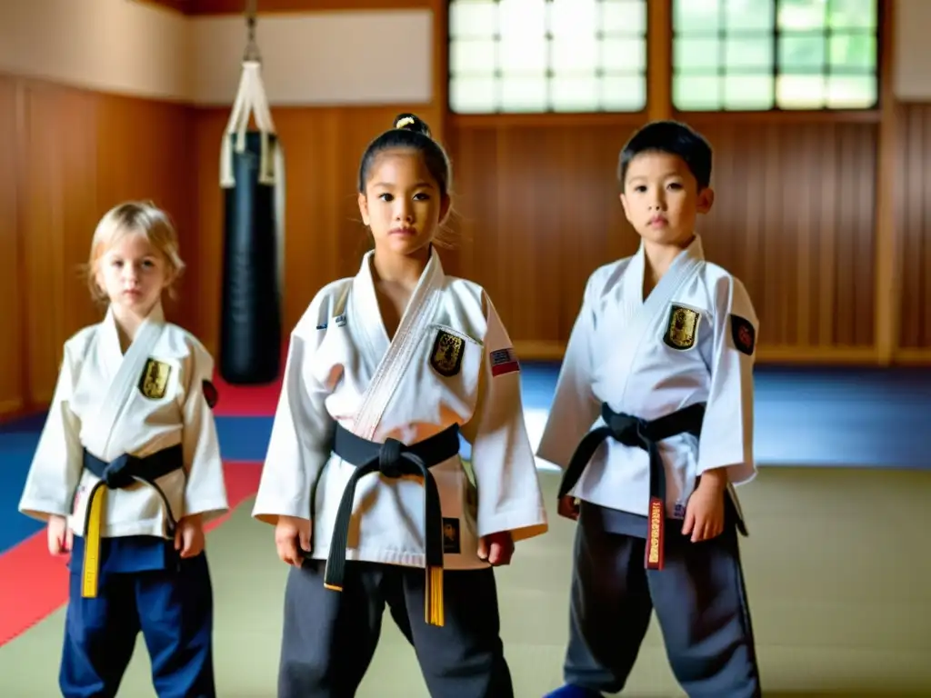 Grupo de niños practicando técnicas de artes marciales en un dojo, inmersos en el entrenamiento marcial con disciplina y determinación