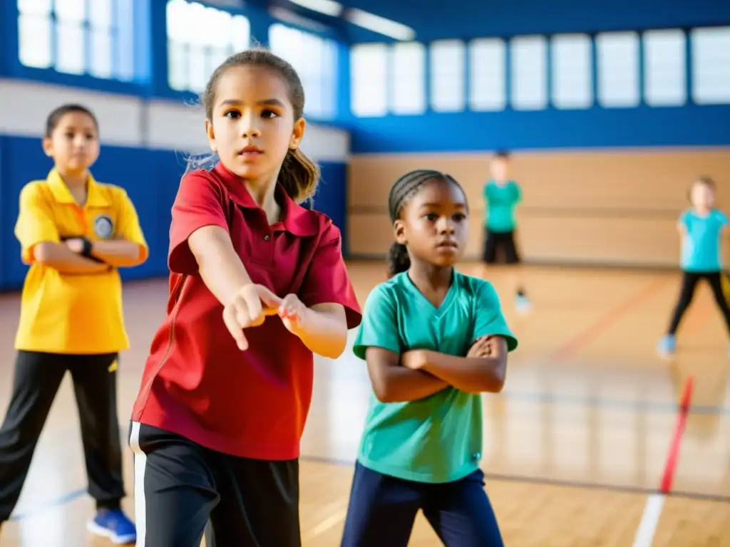 Grupo de niños aprendiendo técnicas de autodefensa en un ambiente positivo y energético, con instructora capacitada