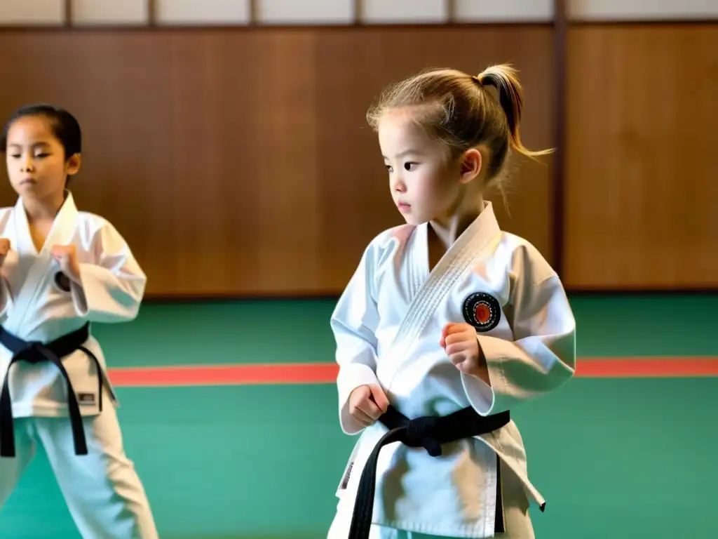 Grupo de niños en uniforme de karate realizando movimientos sincronizados en un dojo iluminado por el sol