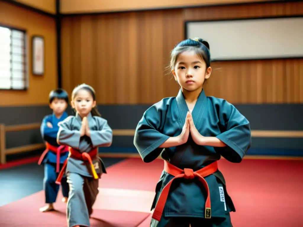 Un grupo de niños en uniformes de artes marciales practican con determinación en un dojo, mostrando agilidad y disciplina