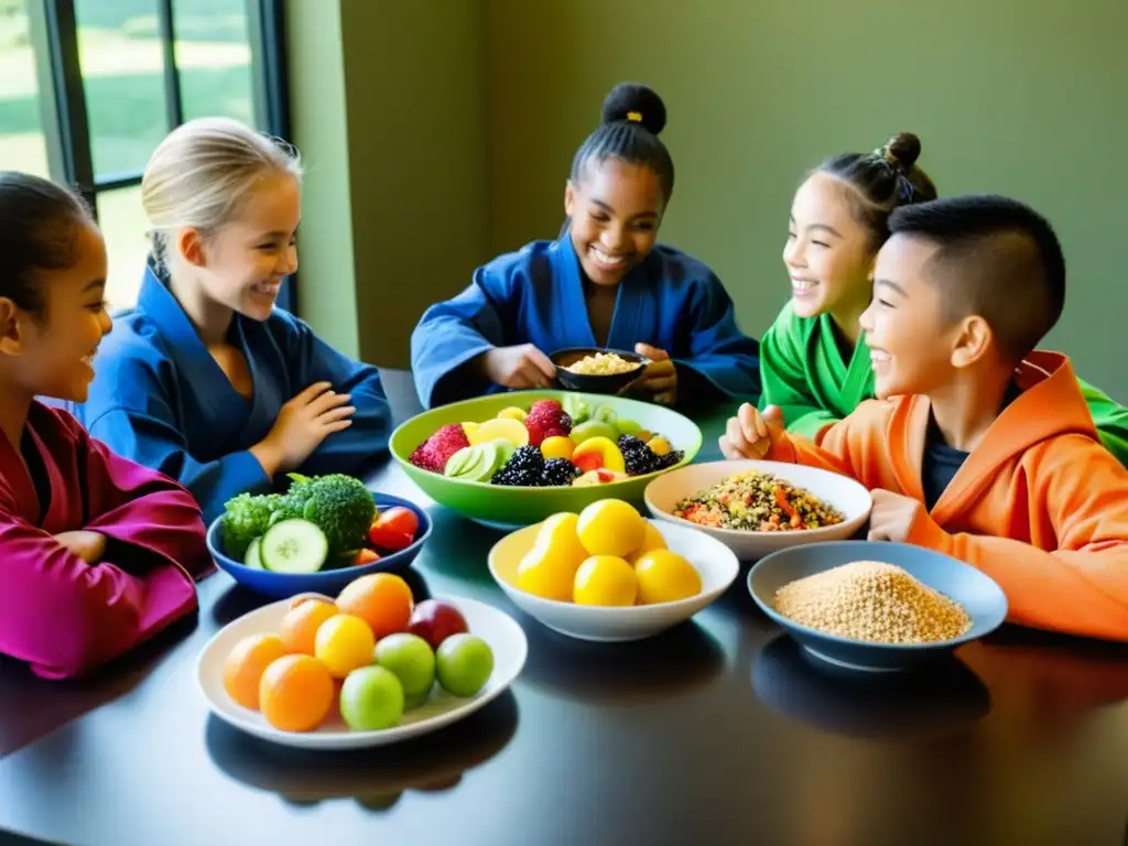 Grupo de niños en uniformes de artes marciales disfrutan de una nutritiva comida después del entrenamiento