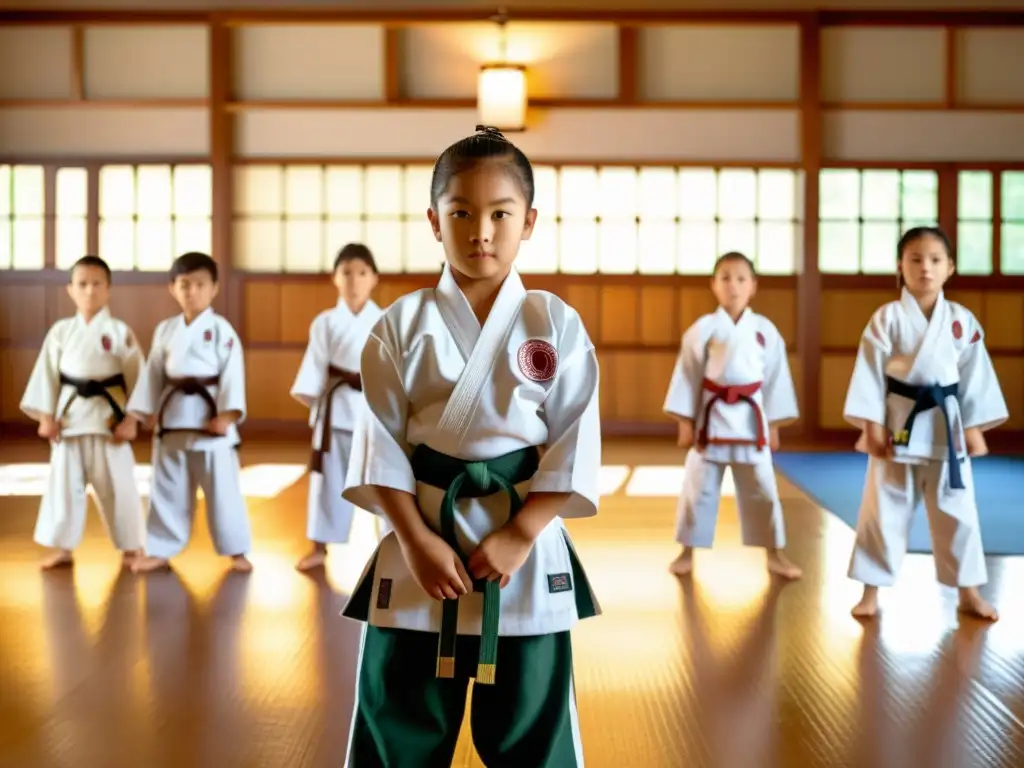 Un grupo de niños en uniformes de artes marciales en formación en un dojo tradicional, con expresiones determinadas y un instructor paciente