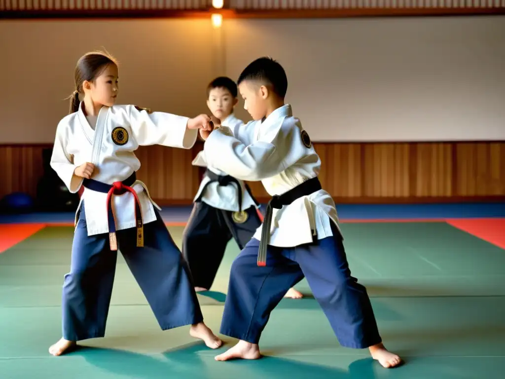 Grupo de niños en uniformes de artes marciales practicando movimientos en un dojo amplio y bien iluminado, con un sensei supervisando su entrenamiento