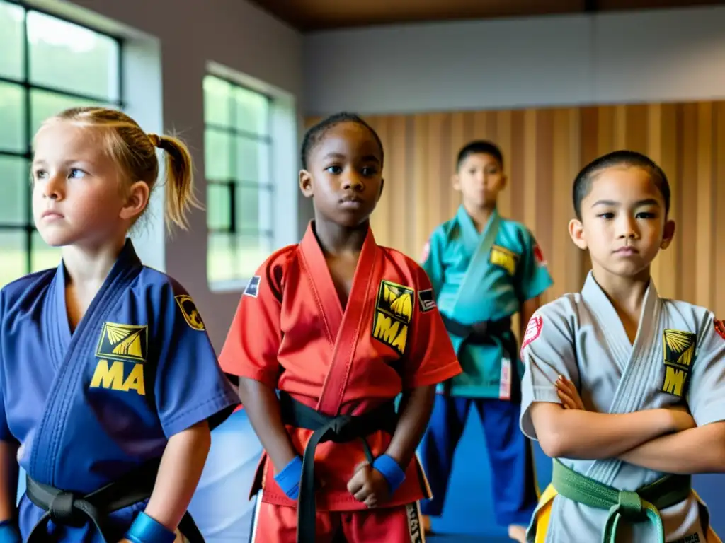 Grupo de niños en uniformes coloridos y equipo de protección escuchando atentos al instructor en un estudio de artes marciales