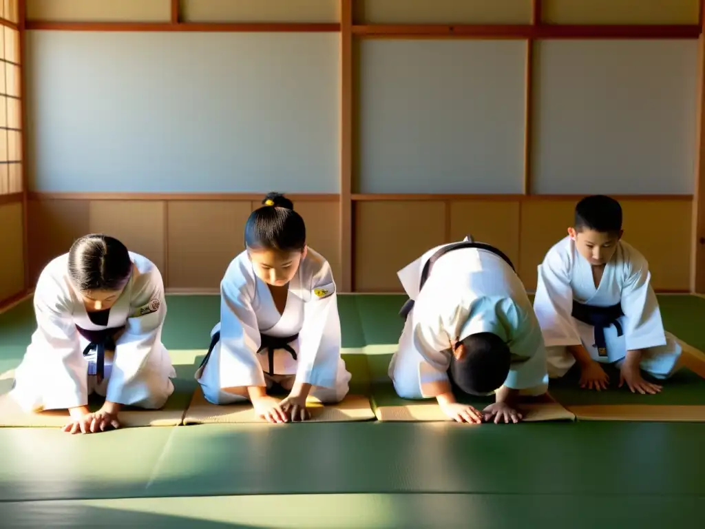 Grupo de niños en uniformes de judo blanco mostrando respeto al inclinarse ante su instructor en un dojo tranquilo