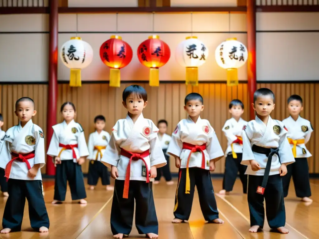 Grupo de niños en uniformes oficiales de artes marciales, mostrando determinación en el dojo con su ropa oficial artes marciales niños