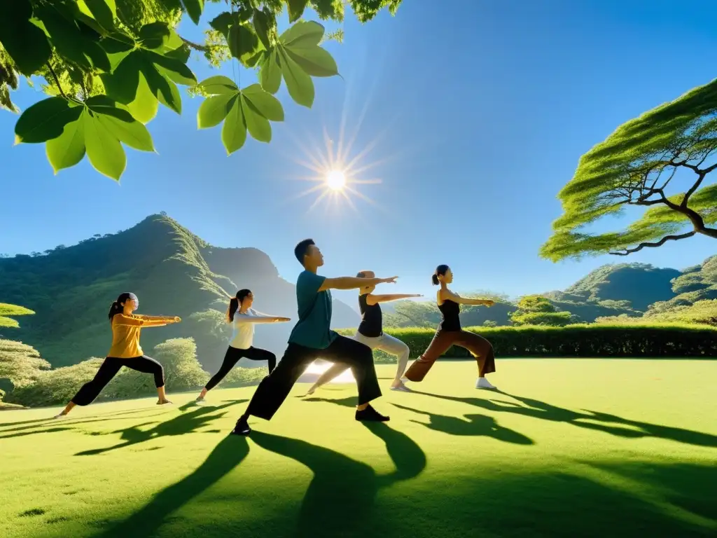 Un grupo practica Chi Kung en un paisaje verde y sereno, integración cuerpo y mente Chi Kung