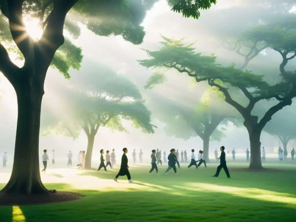 Grupo practicando Qigong Tai Chi en un parque sereno envuelto en niebla matutina, evocando serenidad y armonía interior