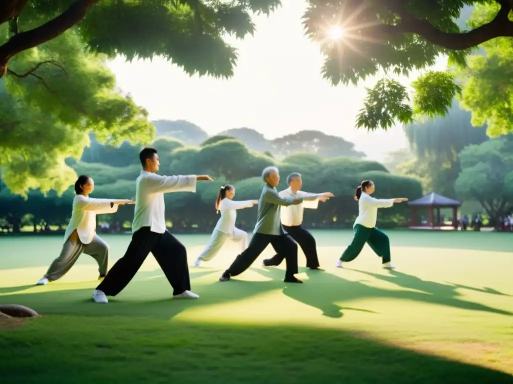 Un grupo practica Tai Chi en un parque sereno, rodeado de exuberante vegetación