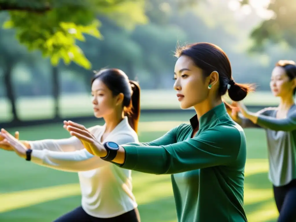 Un grupo practica Tai Chi en un parque verde, usando wearables