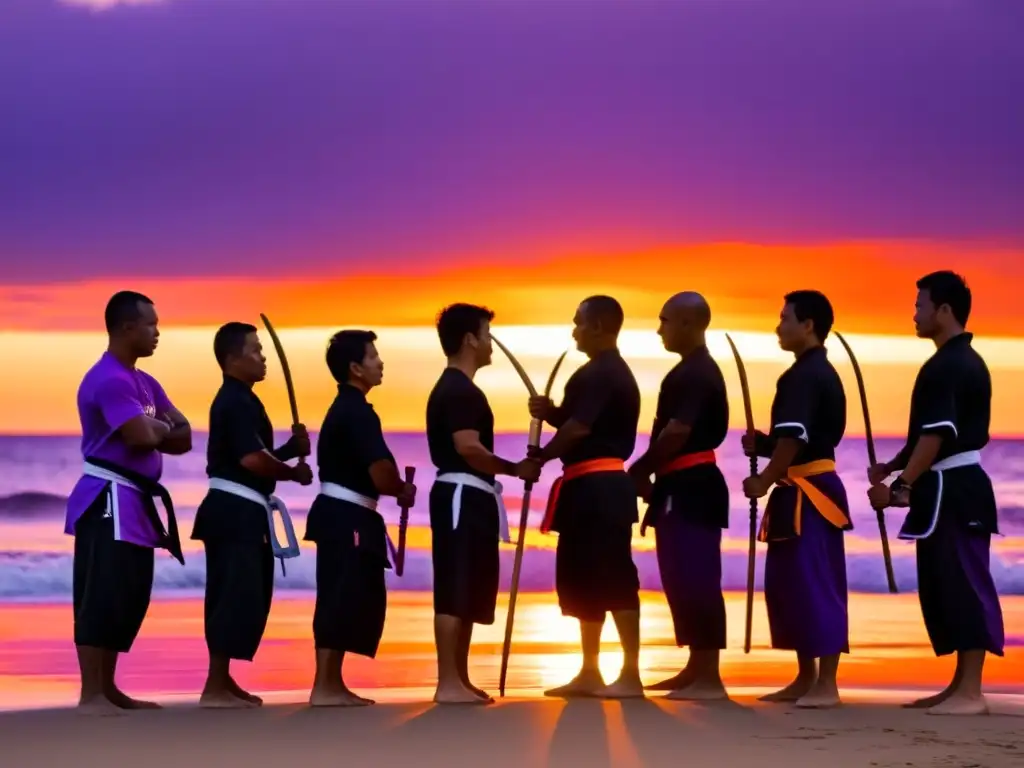 Un grupo de participantes en un retiro de artes marciales en Filipinas practicando Eskrima al atardecer en una playa, con un cielo vibrante