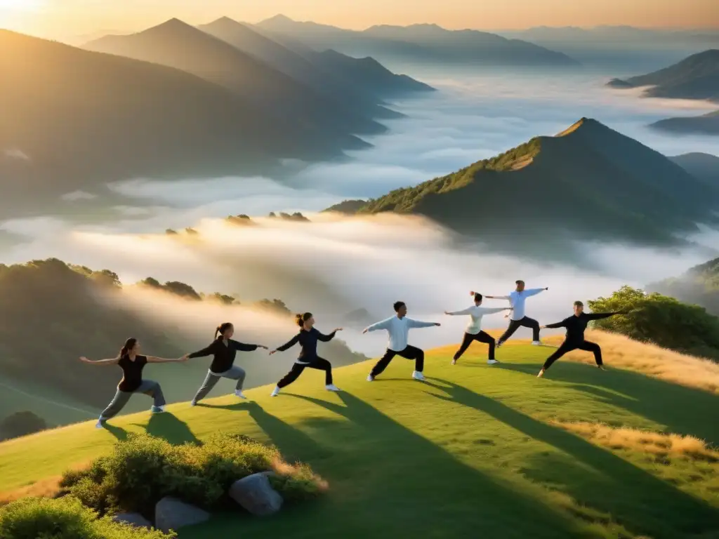 Grupo de personas practicando Tai Chi al amanecer en un entorno natural pintoresco, transmitiendo serenidad y armonía