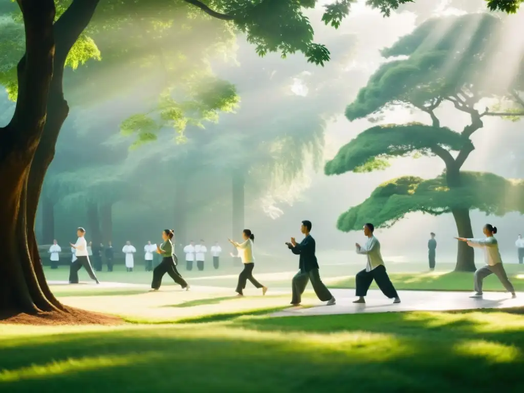 Un grupo de personas practicando Tai Chi en un parque sereno, con la luz de la mañana iluminando sus movimientos