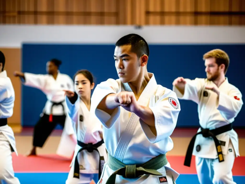 Grupo de personas con discapacidad practicando karate adaptado, mostrando fuerza y superación en un ambiente inclusivo y motivador