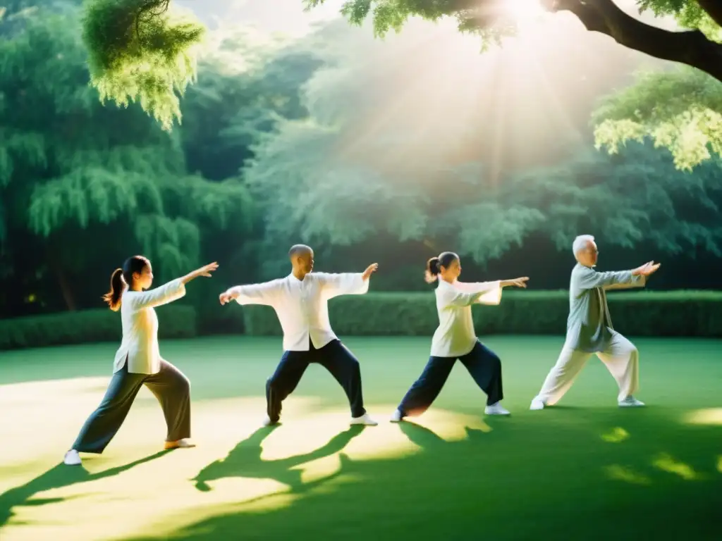 Un grupo de personas practica Tai Chi en un entorno natural, transmitiendo serenidad y espiritualidad del Tai Chi