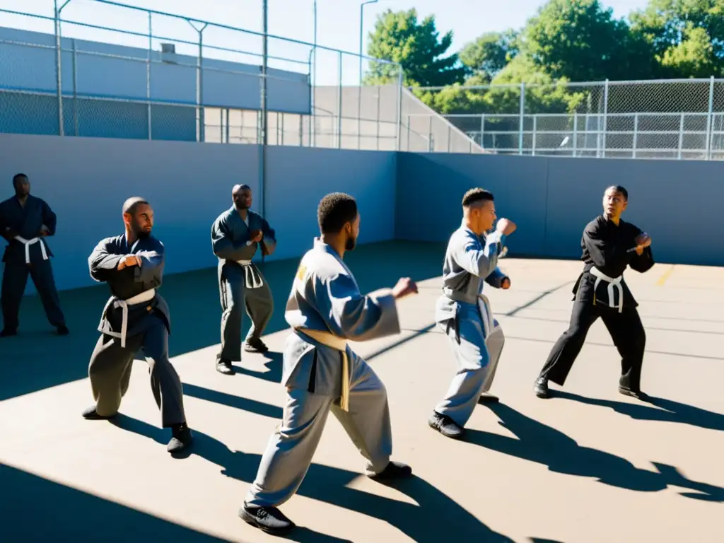 Un grupo de personas ex reclusas practicando artes marciales en un patio de prisión, mostrando determinación y enfoque