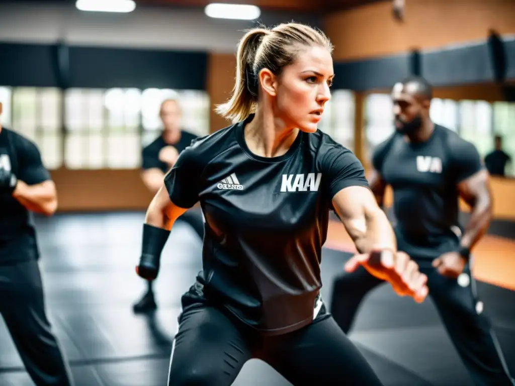 Un grupo de personas participa en una intensa sesión de Krav Magá en un gimnasio