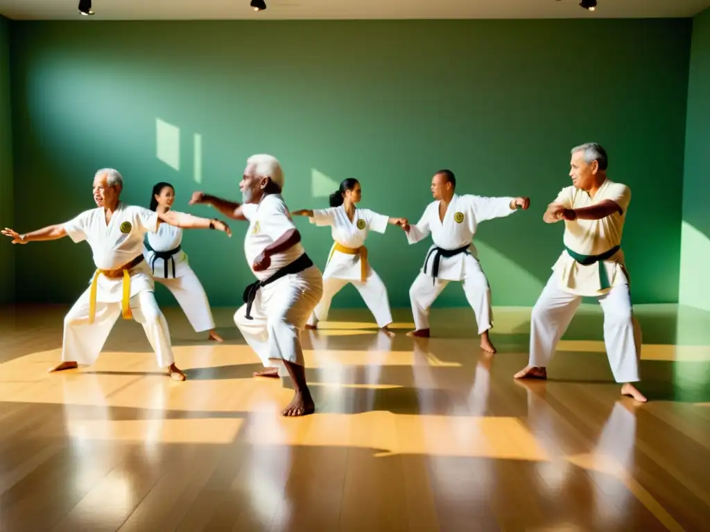 Grupo de personas mayores practicando capoeira en un estudio soleado, reflejando fuerza, agilidad y unidad