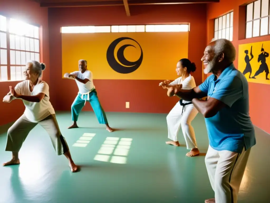 Un grupo de personas mayores se prepara para practicar capoeira en un estudio soleado y colorido