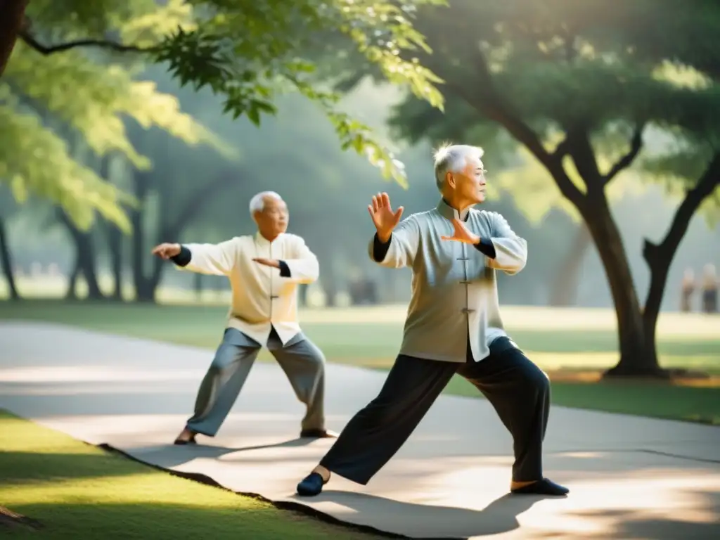 Grupo de personas mayores practicando Tai Chi en un parque, transmitiendo serenidad y equilibrio