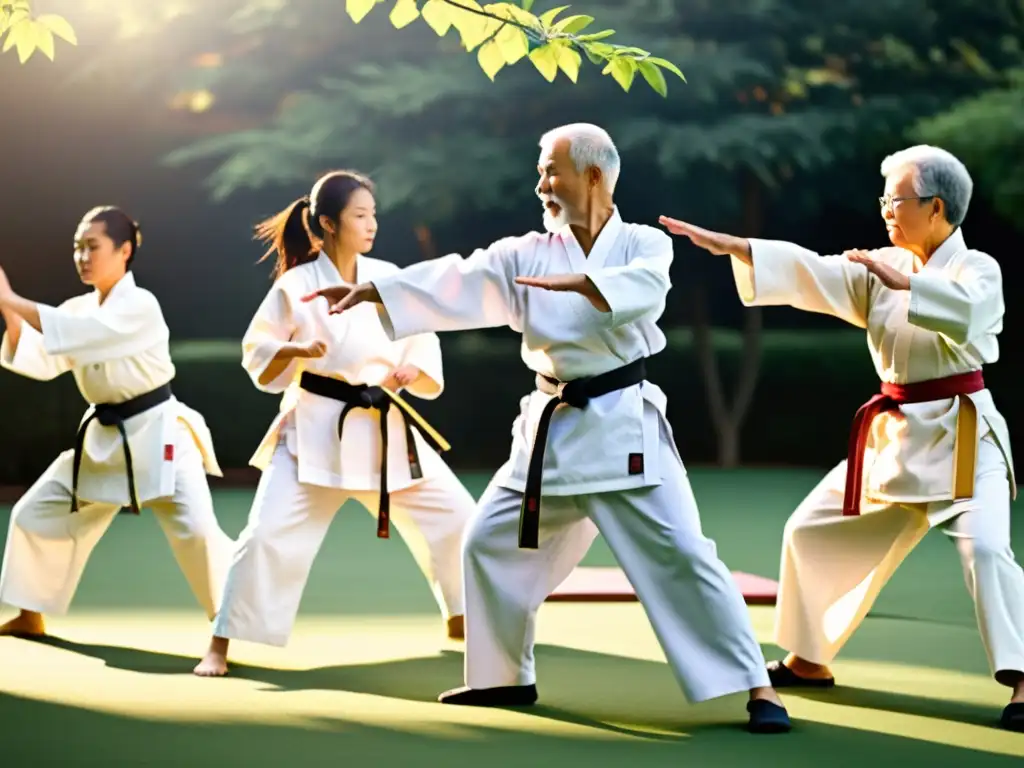 Grupo de personas mayores practicando karate en un entorno sereno al aire libre, demostrando fuerza, agilidad y disciplina