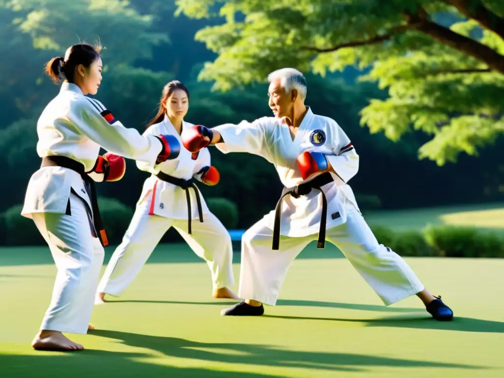 Grupo de personas mayores practicando taekwondo en la naturaleza, transmitiendo fuerza y armonía