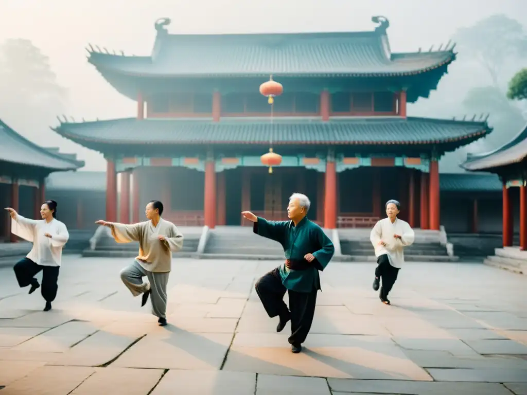 Un grupo de personas mayores vestidas con trajes tradicionales chinos practican Tai Chi en un patio sereno y brumoso, rodeado de arquitectura antigua