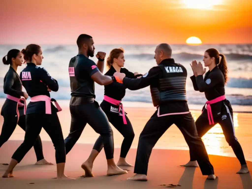 Un grupo practica Krav Maga en la playa al atardecer en Israel, con el instructor demostrando una técnica de defensa personal