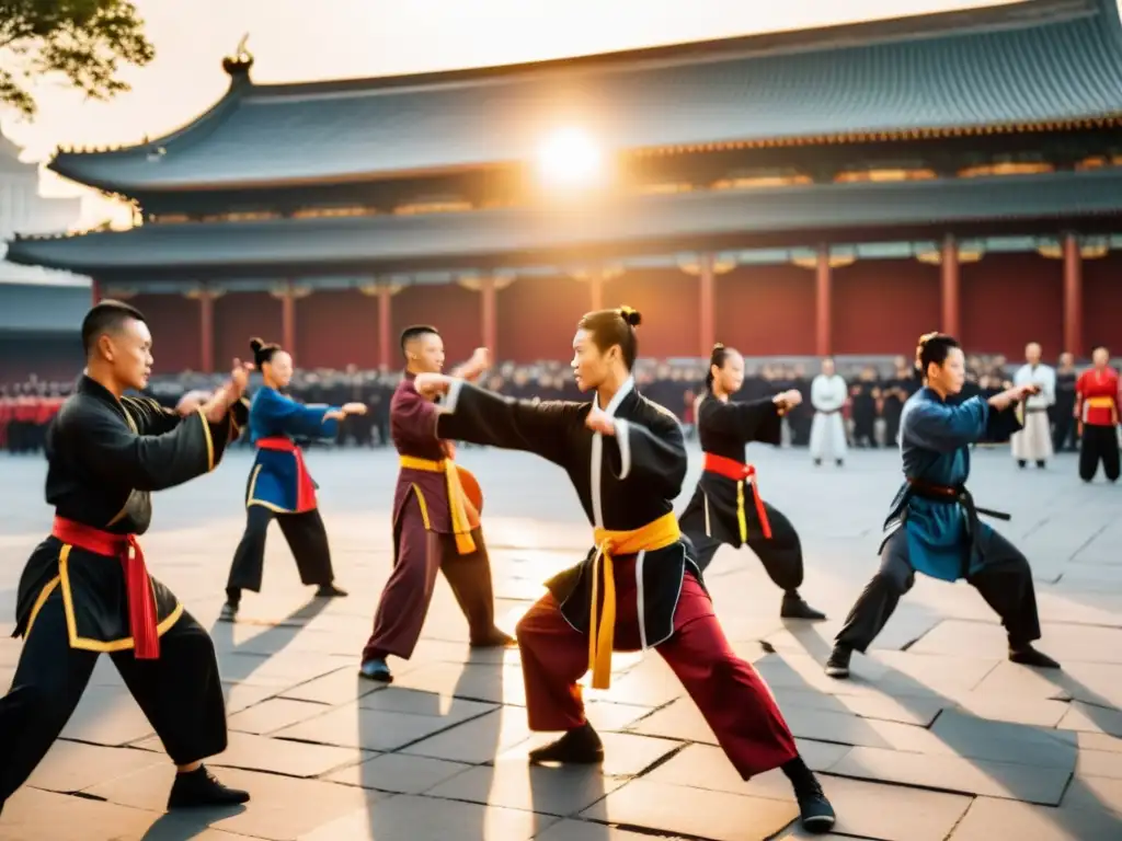 Un grupo practica Kung Fu en la plaza de una ciudad moderna al atardecer, mostrando su relevancia en la sociedad