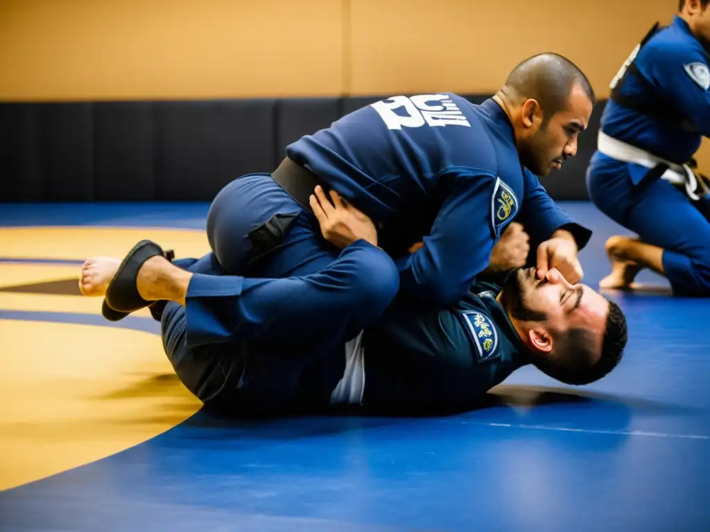 Un grupo de policías en equipo táctico se entrena en Brazilian Jiu-Jitsu, mostrando determinación y disciplina