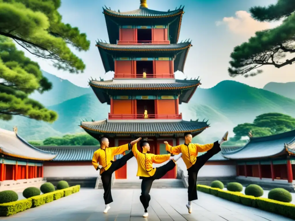 Un grupo de practicantes de Kung Fu realiza acrobacias sincronizadas frente a una pagoda china, resaltando la importancia de la acrobacia en Kung Fu