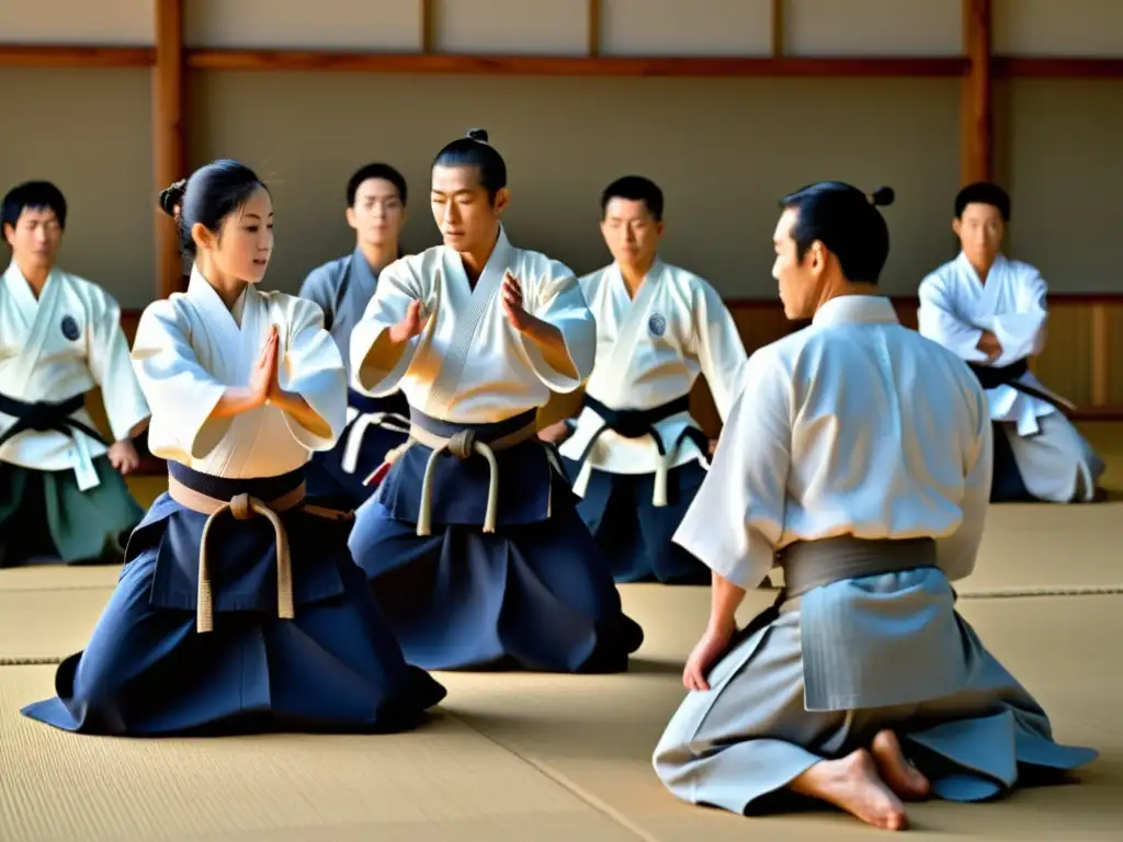 Grupo de practicantes de Aikido fortaleciendo articulaciones en un dojo sereno