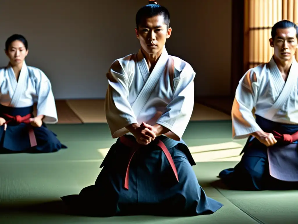 Un grupo de practicantes de aikido en un dojo, ejecutando técnicas con concentración intensa