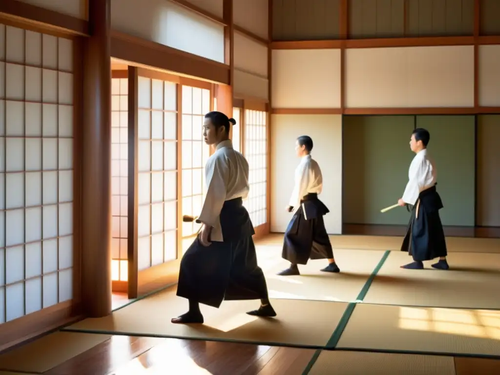 Grupo de practicantes de Aikido en un dojo sereno, reflejando los principios y filosofía del Aikido en su entrenamiento disciplinado y respetuoso