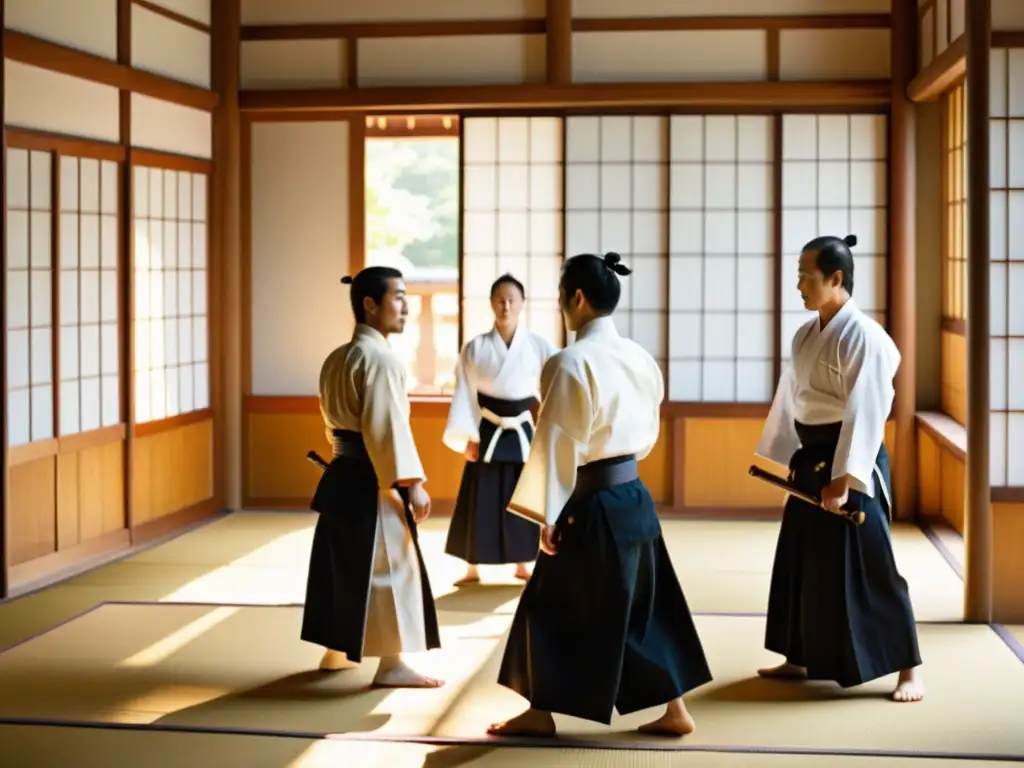 Grupo de practicantes de aikido en un dojo europeo, mostrando la historia del aikido en Europa con gracia y armonía