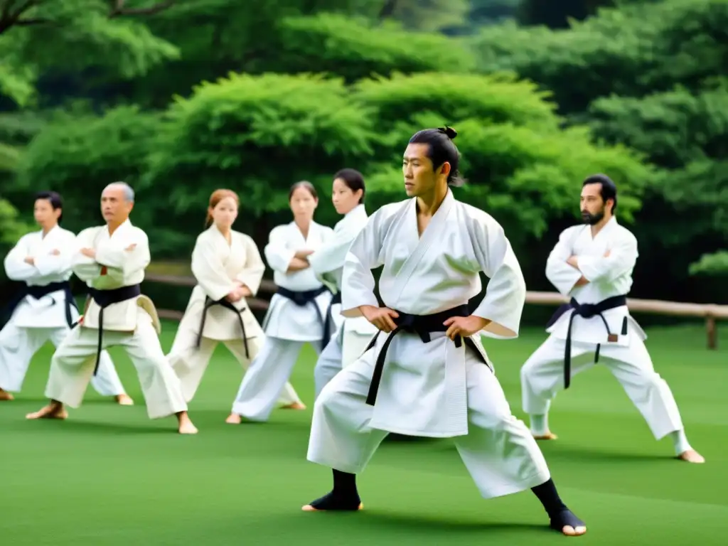 Un grupo de practicantes de aikido europeos, en uniformes blancos, demostrando técnicas en un escenario natural