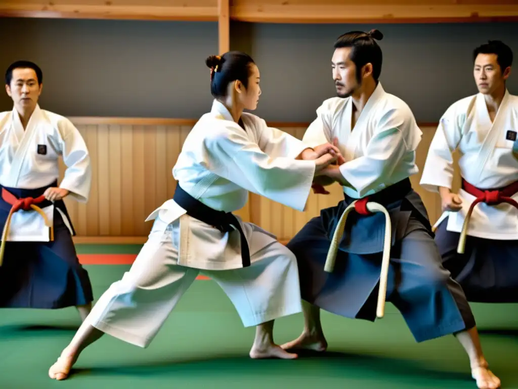 Un grupo de practicantes de Aikido en uniformes blancos ejecuta técnicas precisas, concentración e intensidad en sus rostros