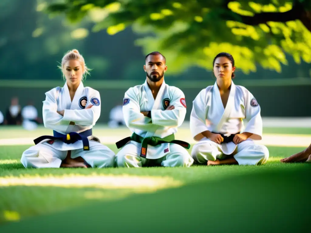 Grupo de practicantes de Jiu Jitsu entrenando al aire libre en un parque, reflejando la disciplina y camaradería