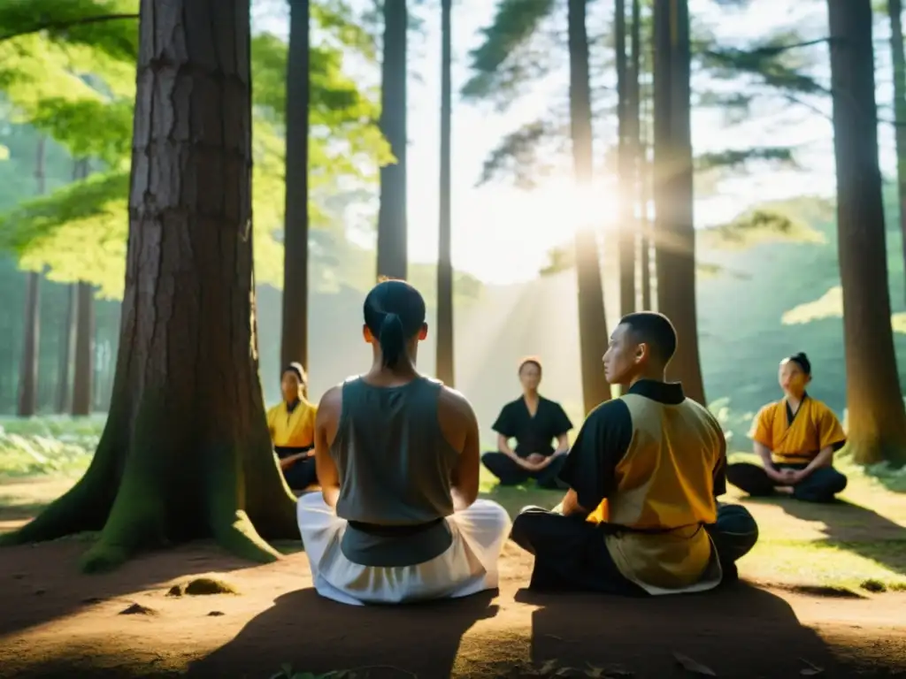 Grupo de practicantes de artes marciales meditando en un claro soleado del bosque, transmitiendo calma y enfoque