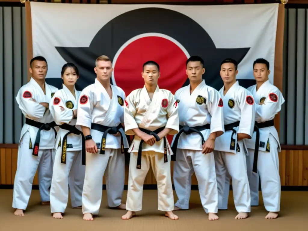 Un grupo de practicantes de artes marciales de un dojo se prepara para representar en un evento internacional, exudando determinación y fuerza