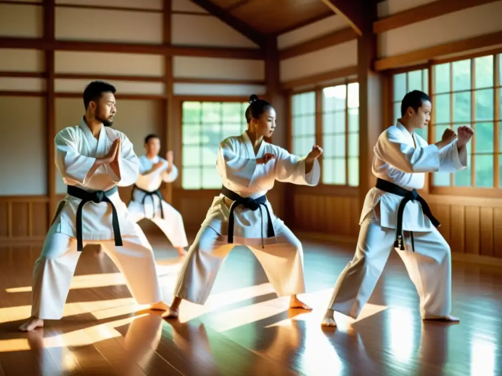 Un grupo de practicantes de artes marciales en un dojo, ejecutando movimientos sincronizados con determinación