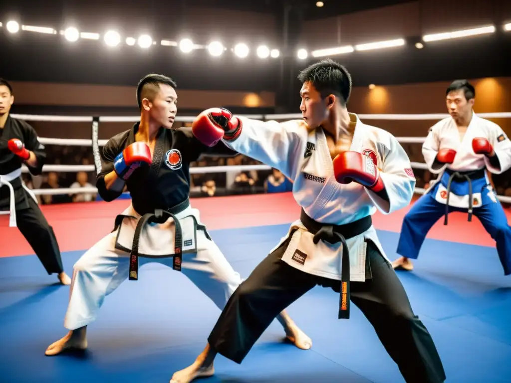 Grupo de practicantes de artes marciales en un intenso combate, rodeados de una multitud dinámica