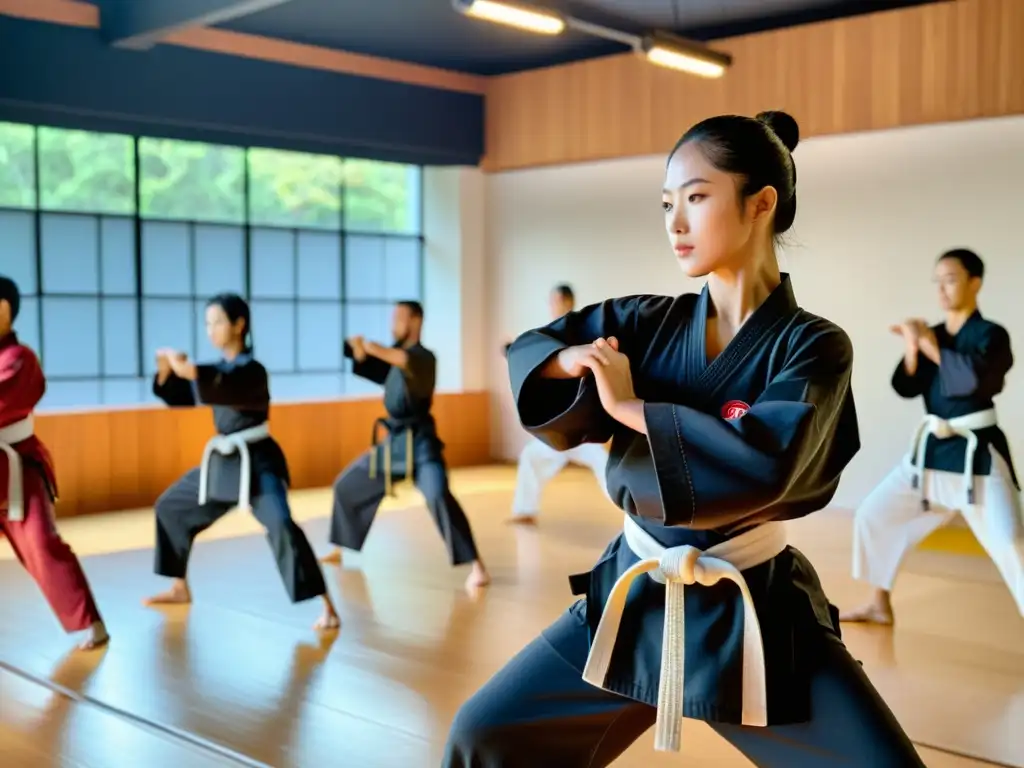 Grupo de practicantes de artes marciales entrenando en un estudio moderno con las mejores opciones de streaming