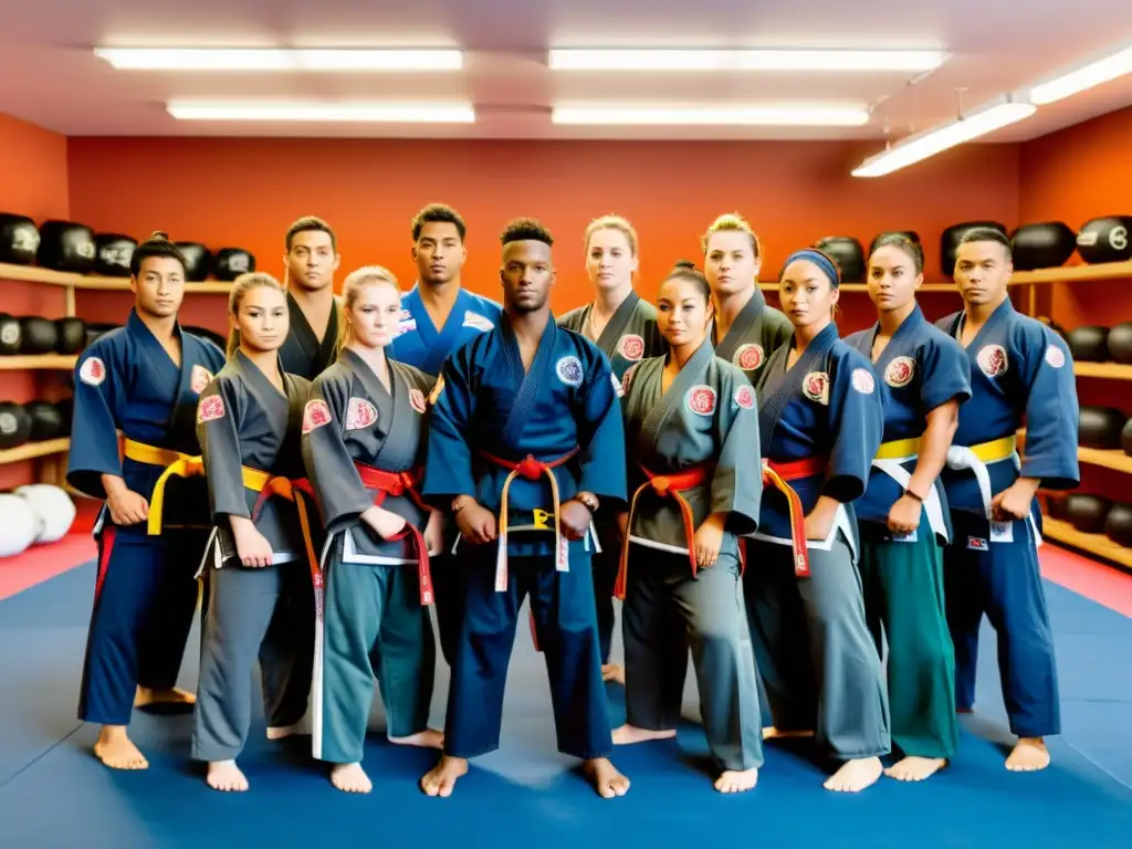 Un grupo de practicantes de artes marciales con mercancía a medida para eventos, entrenando con determinación en un dojo tradicional