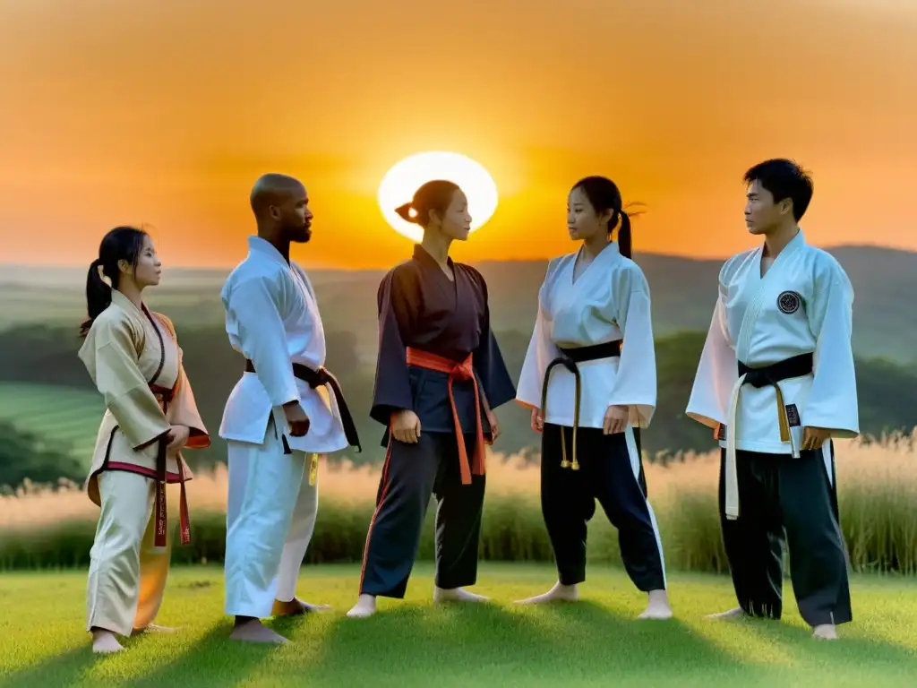 Un grupo de practicantes de artes marciales, vistiendo uniformes sostenibles, en un escenario natural sereno al atardecer