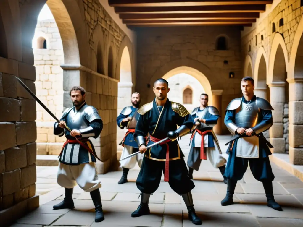 Grupo de practicantes de artes marciales intercambiando técnicas en un patio medieval, con armaduras y armas