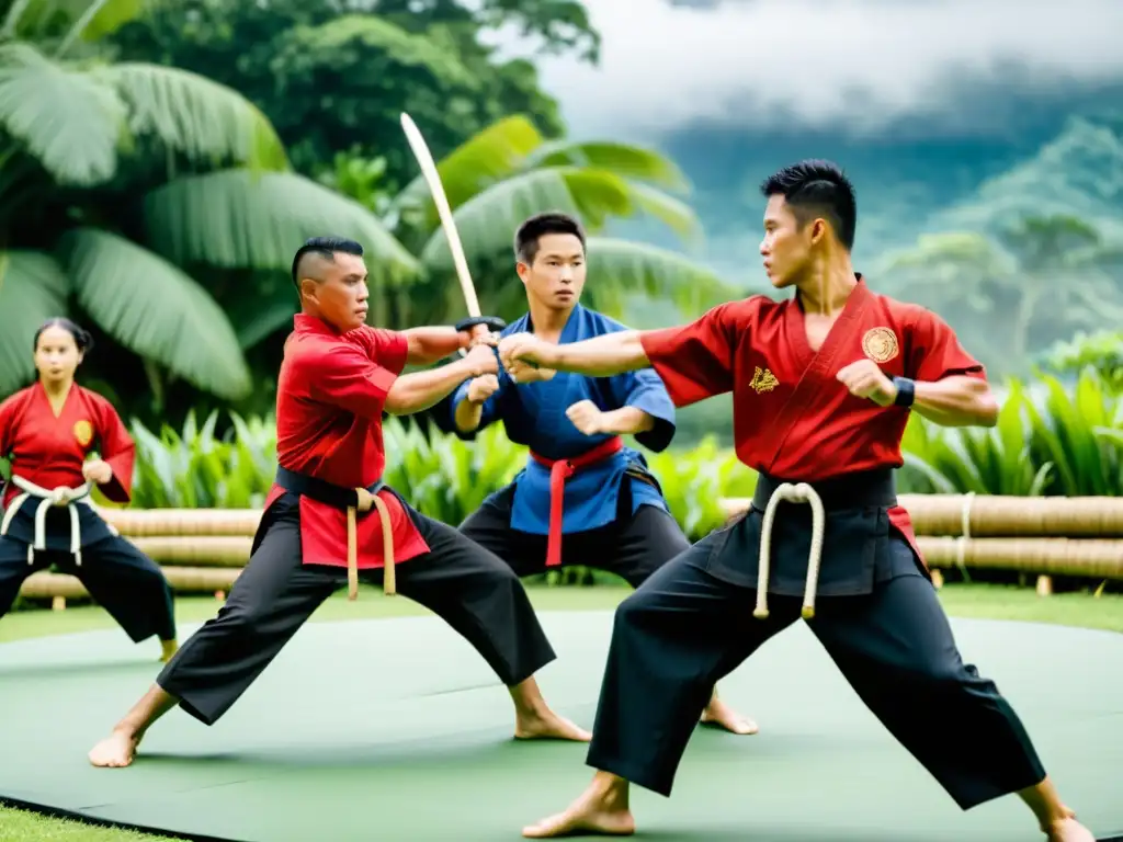 Grupo de practicantes de artes marciales Filipinas realizando demostración sincronizada de Eskrima, Arnis y Kali en un entorno tropical exuberante