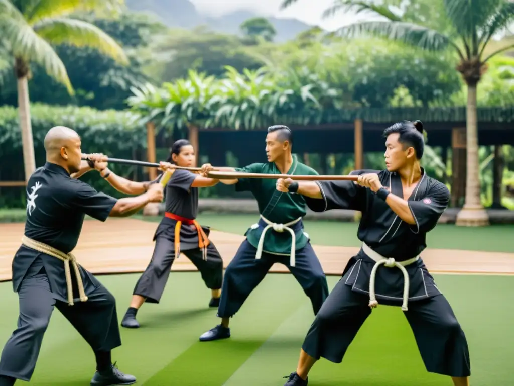 Un grupo de practicantes de artes marciales filipinas demostrando técnicas de Eskrima en un entorno natural, transmitiendo autenticidad y disciplina