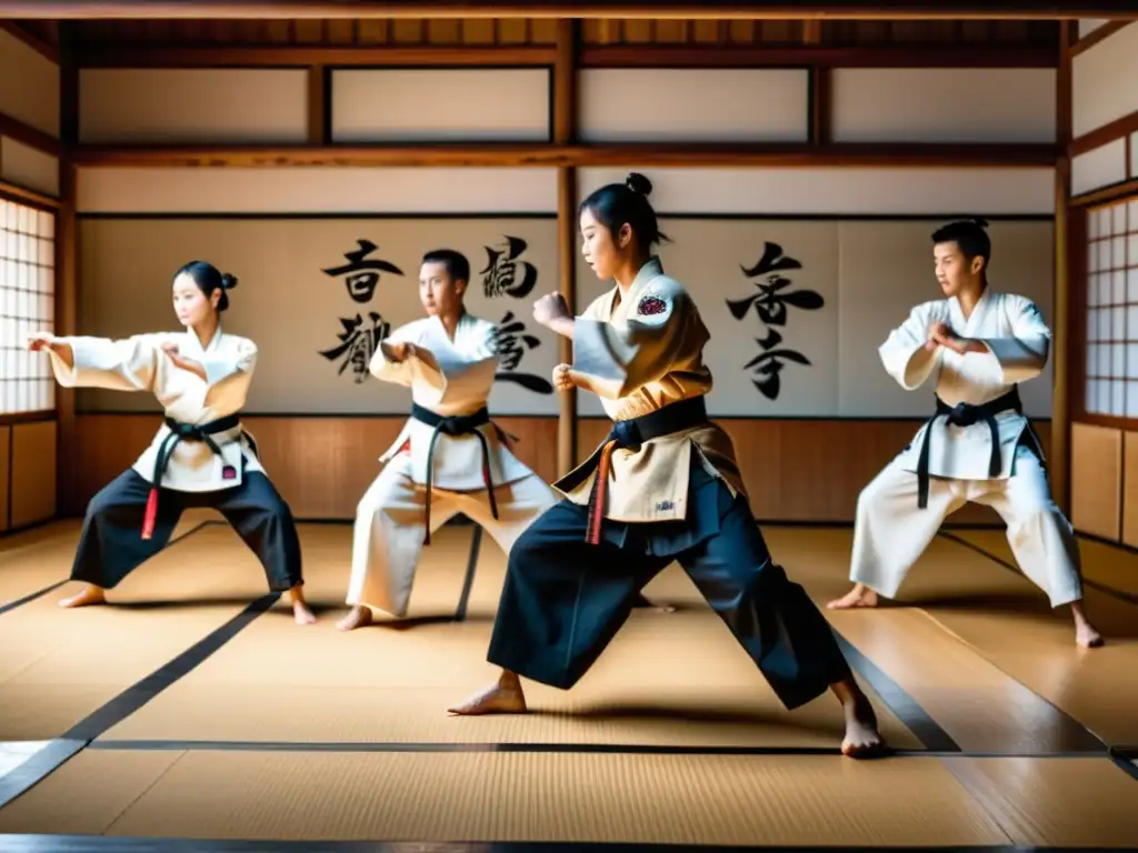 Un grupo de practicantes de artes marciales en un dojo tradicional japonés, reflejando la historia, autodefensa y cultura de las artes marciales