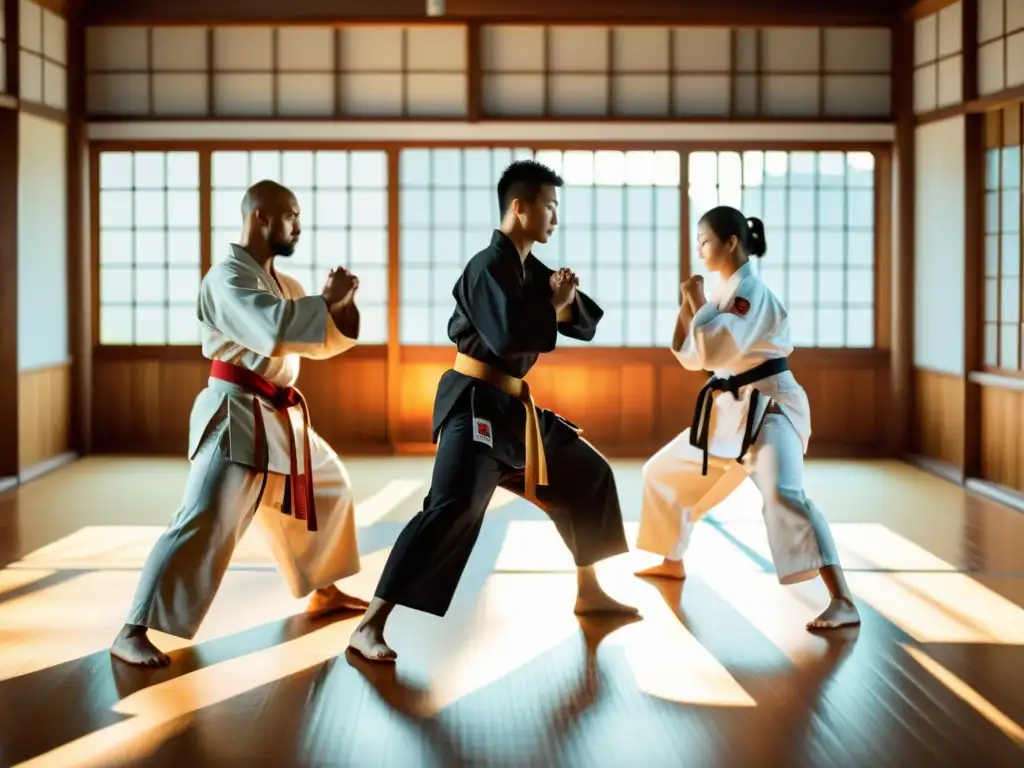 Grupo de practicantes de artes marciales con ropa de entrenamiento, concentrados en el dojo tradicional